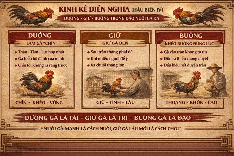 Luận Dưỡng, Giữ Và Buông Trong Đạo Nuôi Gà Đá 3 Rooster training strategies infographic